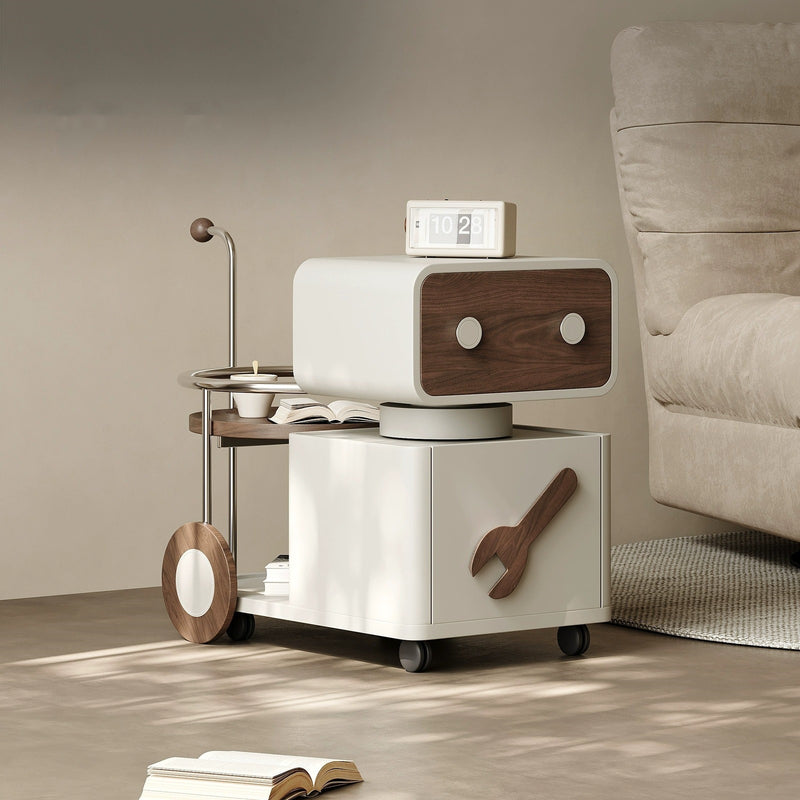 Contemporary Creative Robot Rotatable Walnut Artificial Board Stainless Steel Aluminum Alloy Side Table 2 - Drawer For Living Room
