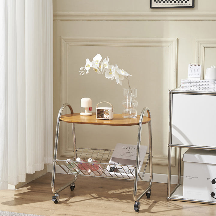 Table d'appoint contemporaine en acier inoxydable en bois de buis trapézoïdal nordique à 2 niveaux pour salon 