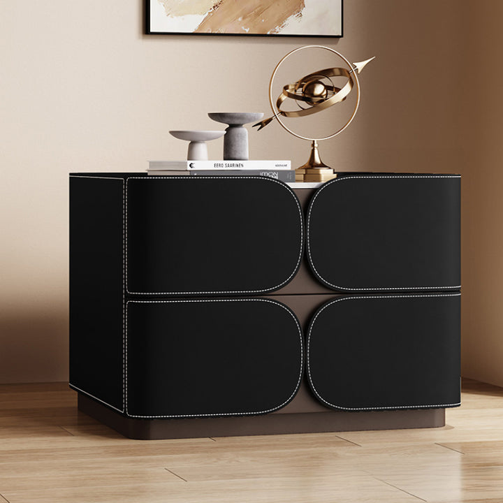 Table de chevet contemporaine nordique en cube carré en faux cuir de selle en bois massif avec matériel à 2 tiroirs pour chambre 
