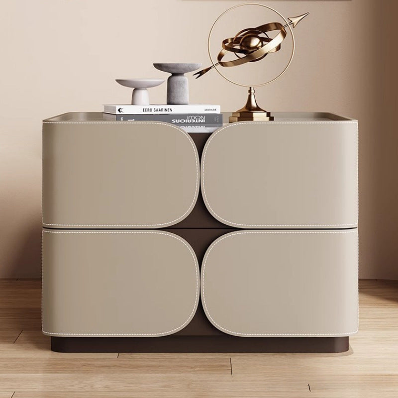 Table de chevet contemporaine nordique en cube carré en faux cuir de selle en bois massif avec matériel à 2 tiroirs pour chambre 