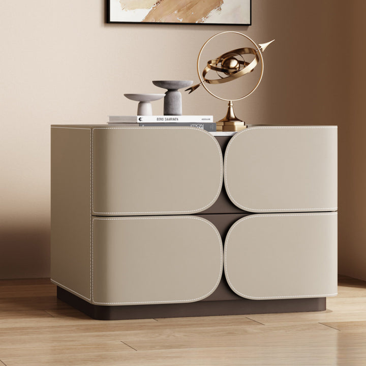 Table de chevet contemporaine nordique en cube carré en faux cuir de selle en bois massif avec matériel à 2 tiroirs pour chambre 