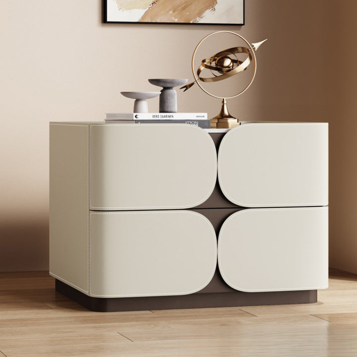 Table de chevet contemporaine nordique en cube carré en faux cuir de selle en bois massif avec matériel à 2 tiroirs pour chambre 