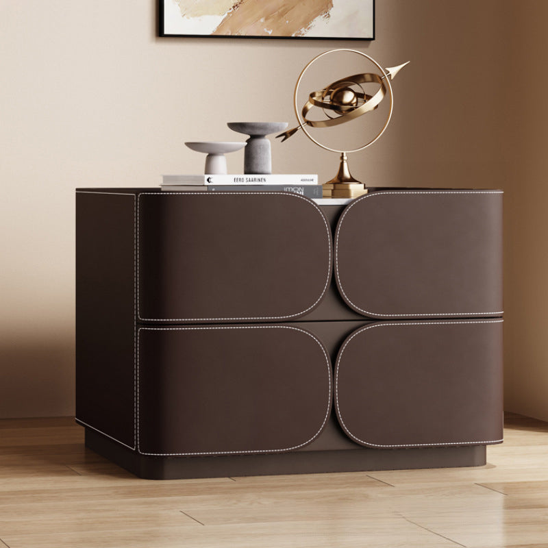 Table de chevet contemporaine nordique en cube carré en faux cuir de selle en bois massif avec matériel à 2 tiroirs pour chambre 