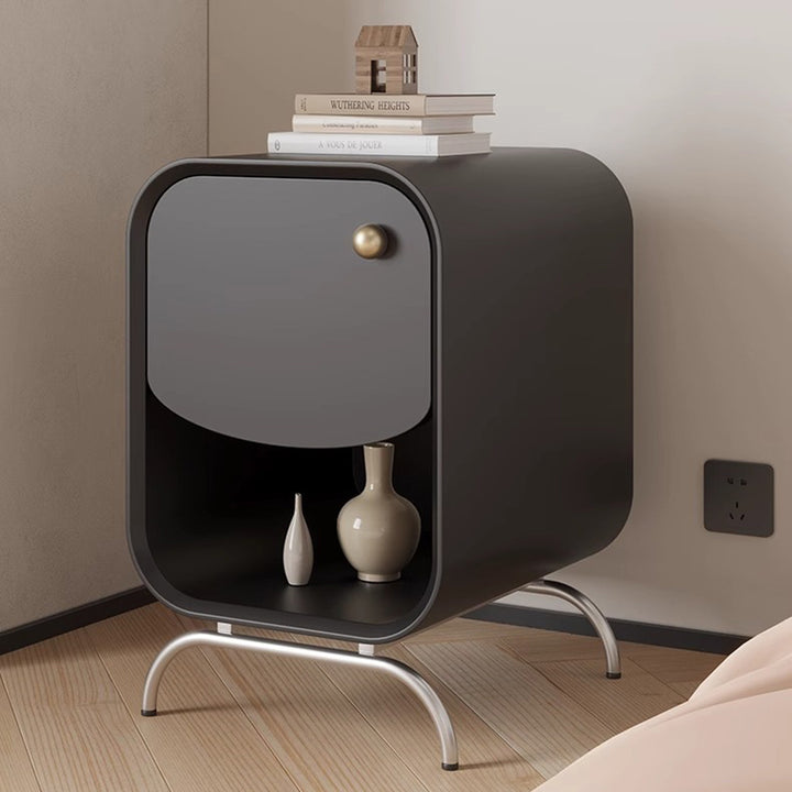 Table de chevet moderne minimaliste carré en bois massif à plusieurs couches avec tiroir en acier inoxydable pour chambre 