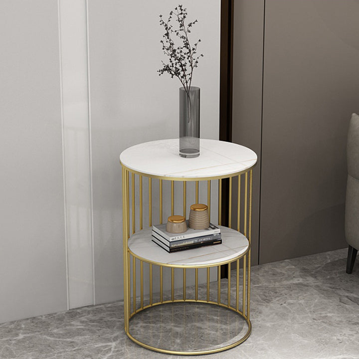 Table d'appoint en fer à trois niveaux avec plateau en pierre cylindrique nordique contemporain pour salon 