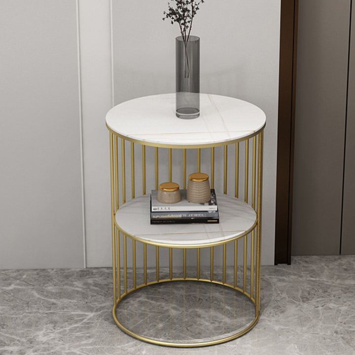 Table d'appoint en fer à trois niveaux avec plateau en pierre cylindrique nordique contemporain pour salon 