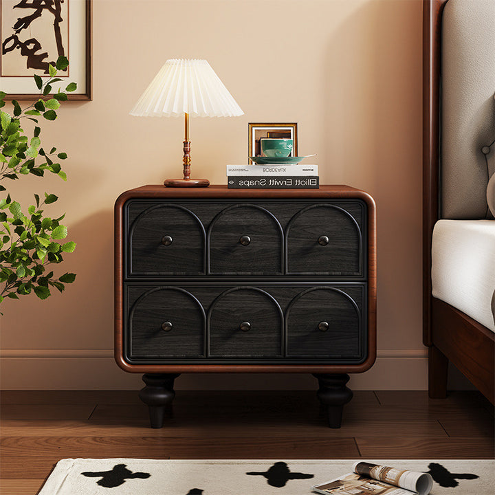 Table de nuit en bois massif avec motif de porte à cubes carrés traditionnel français, 2 tiroirs pour chambre 