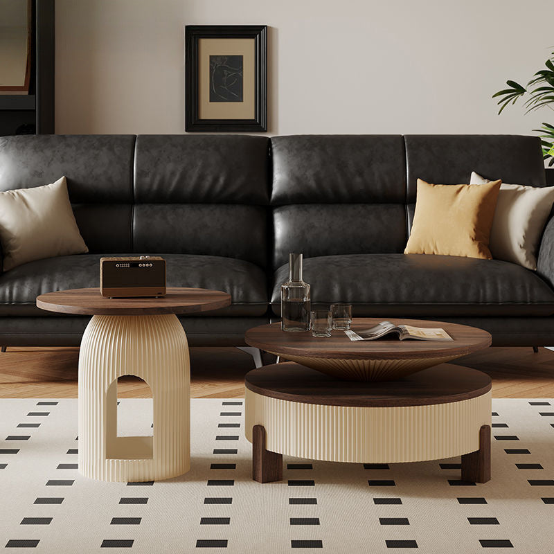 Moderner nordischer runder Couchtisch aus Carbonfaser-Panel, Sperrholz und Kiefer mit 1 Schublade für das Wohnzimmer 