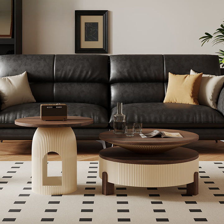 Moderner nordischer runder Couchtisch aus Carbonfaser-Panel, Sperrholz und Kiefer mit 1 Schublade für das Wohnzimmer 