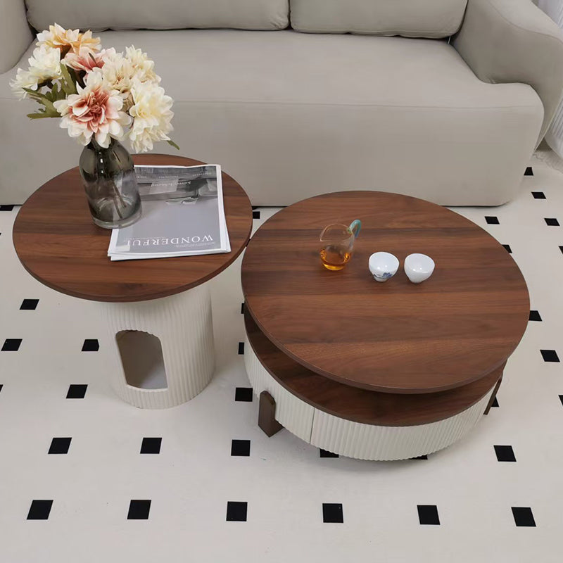 Moderner nordischer runder Couchtisch aus Carbonfaser-Panel, Sperrholz und Kiefer mit 1 Schublade für das Wohnzimmer 