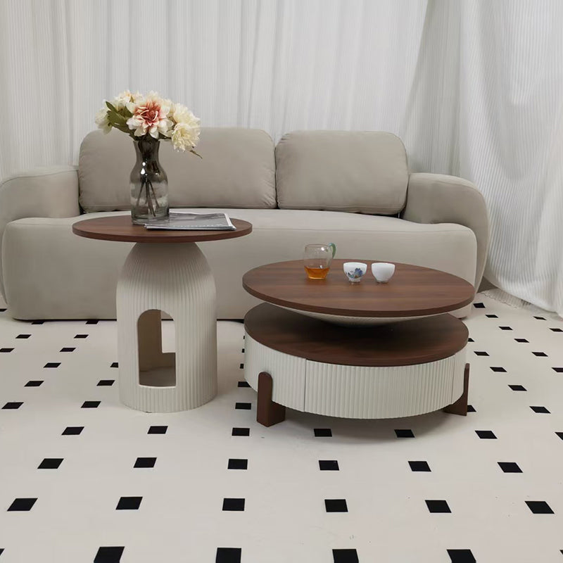 Moderner nordischer runder Couchtisch aus Carbonfaser-Panel, Sperrholz und Kiefer mit 1 Schublade für das Wohnzimmer 