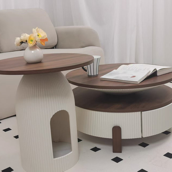 Moderner nordischer runder Couchtisch aus Carbonfaser-Panel, Sperrholz und Kiefer mit 1 Schublade für das Wohnzimmer 