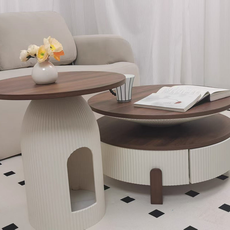 Table basse contemporaine nordique ronde en bois massif à plusieurs couches 1 - tiroir pour salon 