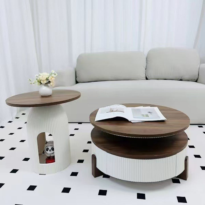 Moderner nordischer runder Couchtisch aus Carbonfaser-Panel, Sperrholz und Kiefer mit 1 Schublade für das Wohnzimmer 