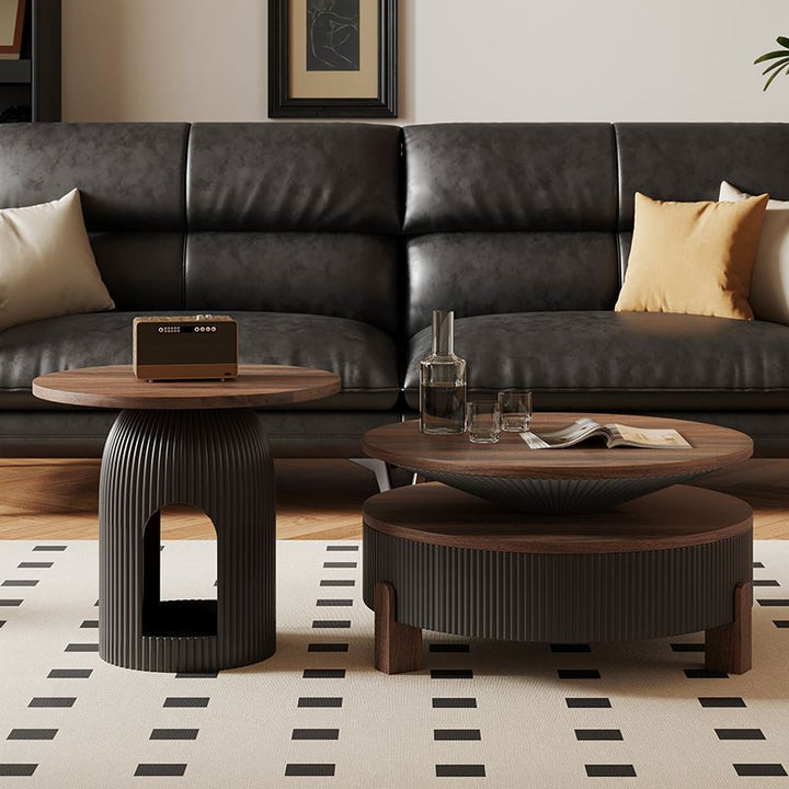 Moderner nordischer runder Couchtisch aus Carbonfaser-Panel, Sperrholz und Kiefer mit 1 Schublade für das Wohnzimmer 