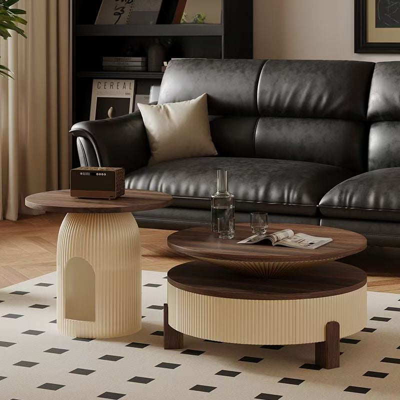 Table basse contemporaine nordique ronde en bois massif à plusieurs couches 1 - tiroir pour salon 
