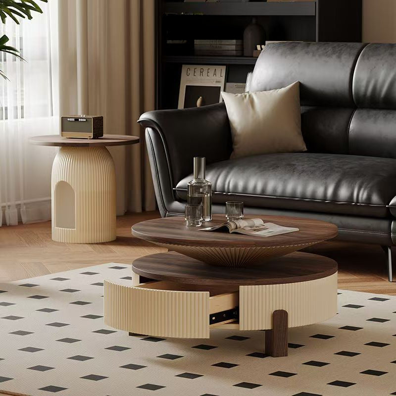 Table basse contemporaine nordique ronde en bois massif à plusieurs couches 1 - tiroir pour salon 