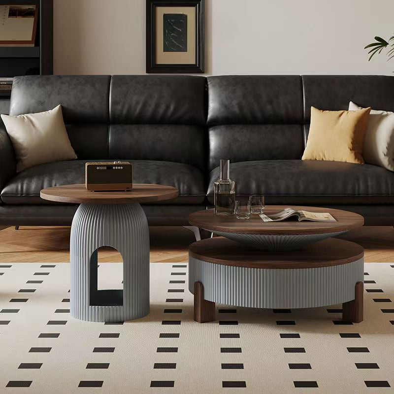 Moderner nordischer runder Couchtisch aus Carbonfaser-Panel, Sperrholz und Kiefer mit 1 Schublade für das Wohnzimmer 
