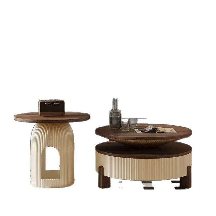 Moderner nordischer runder Couchtisch aus Carbonfaser-Panel, Sperrholz und Kiefer mit 1 Schublade für das Wohnzimmer 