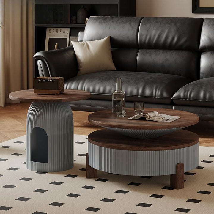 Moderner nordischer runder Couchtisch aus Carbonfaser-Panel, Sperrholz und Kiefer mit 1 Schublade für das Wohnzimmer 