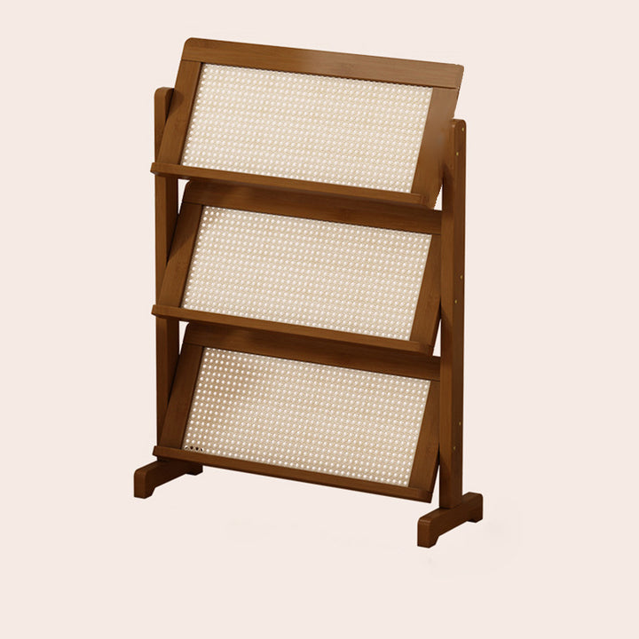 Zeitgenössische schlichte quadratische schräge Bücherregal aus synthetischem Rattan mit Bambusflechtung, 3-stufig, für das Wohnzimmer 
