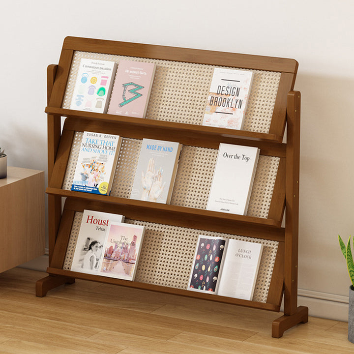 Zeitgenössische schlichte quadratische schräge Bücherregal aus synthetischem Rattan mit Bambusflechtung, 3-stufig, für das Wohnzimmer 
