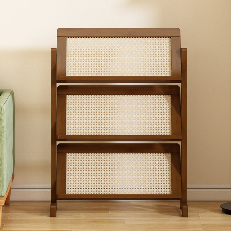 Zeitgenössische schlichte quadratische schräge Bücherregal aus synthetischem Rattan mit Bambusflechtung, 3-stufig, für das Wohnzimmer 