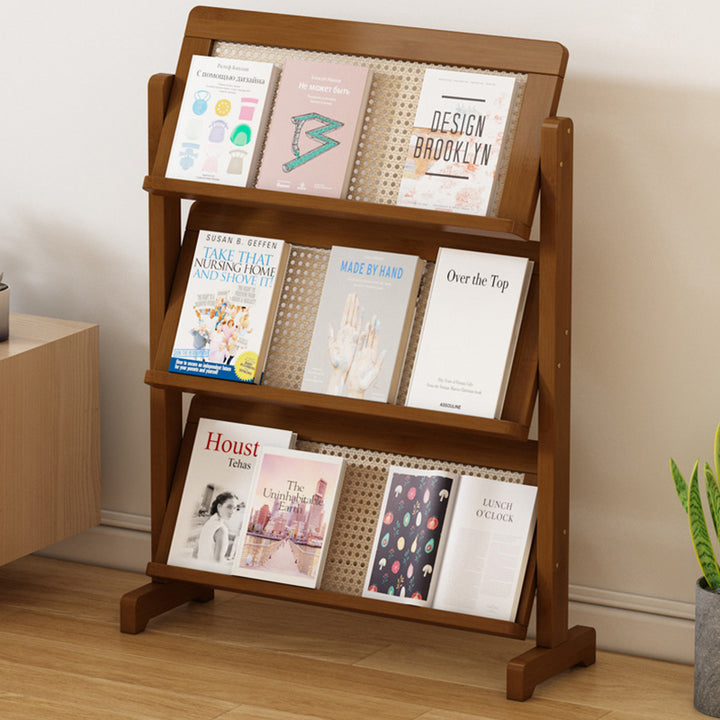 Zeitgenössische schlichte quadratische schräge Bücherregal aus synthetischem Rattan mit Bambusflechtung, 3-stufig, für das Wohnzimmer 