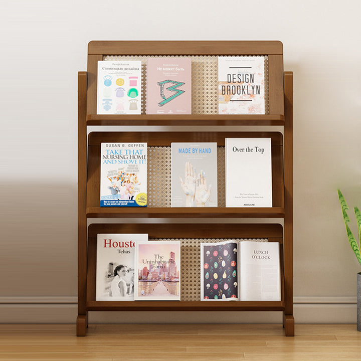 Zeitgenössische schlichte quadratische schräge Bücherregal aus synthetischem Rattan mit Bambusflechtung, 3-stufig, für das Wohnzimmer 