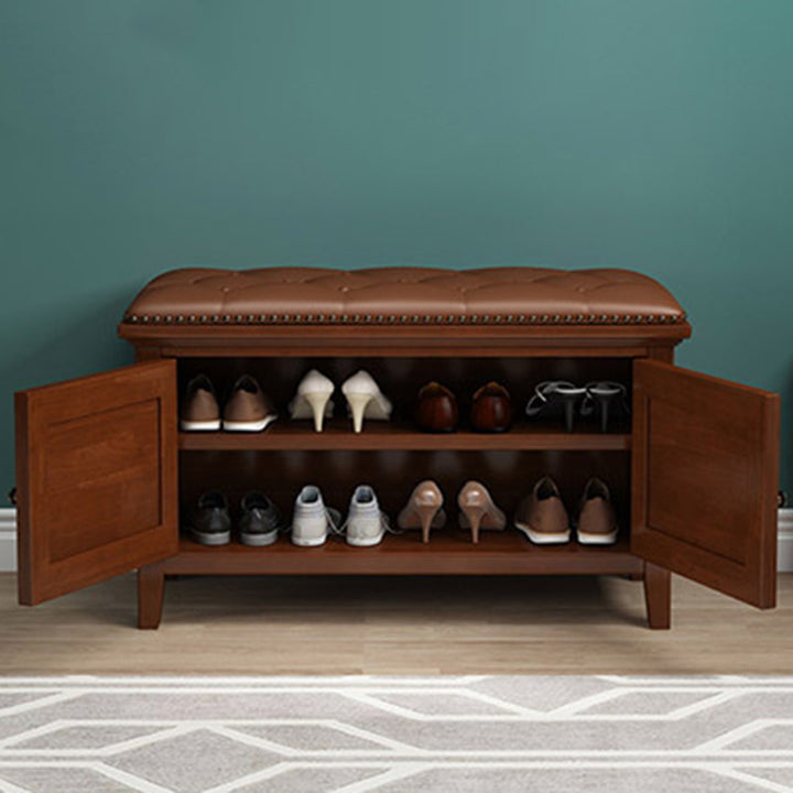 Contemporain Nordique Rectangle Cuir Synthétique Bouleau Seau Basculant Assis Rangement Chaussures 2 - Niveaux Pour Entrées 