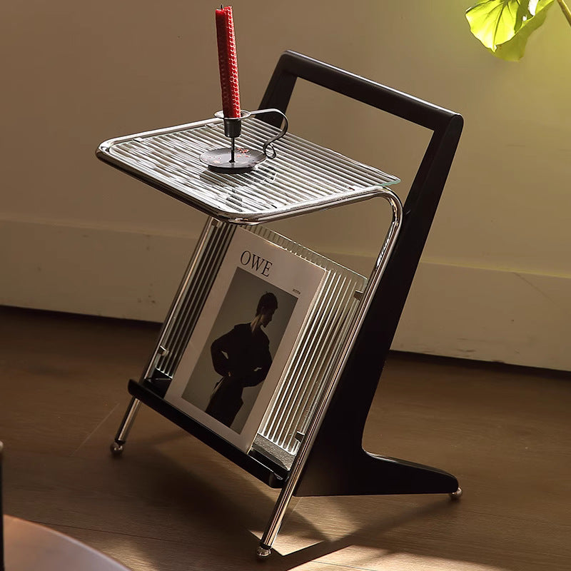 Mesa auxiliar contemporánea retro geométrica de vidrio, madera de caucho y acero inoxidable de 1 nivel para sala de estar 