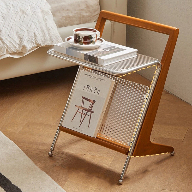 Mesa auxiliar contemporánea retro geométrica de vidrio, madera de caucho y acero inoxidable de 1 nivel para sala de estar 