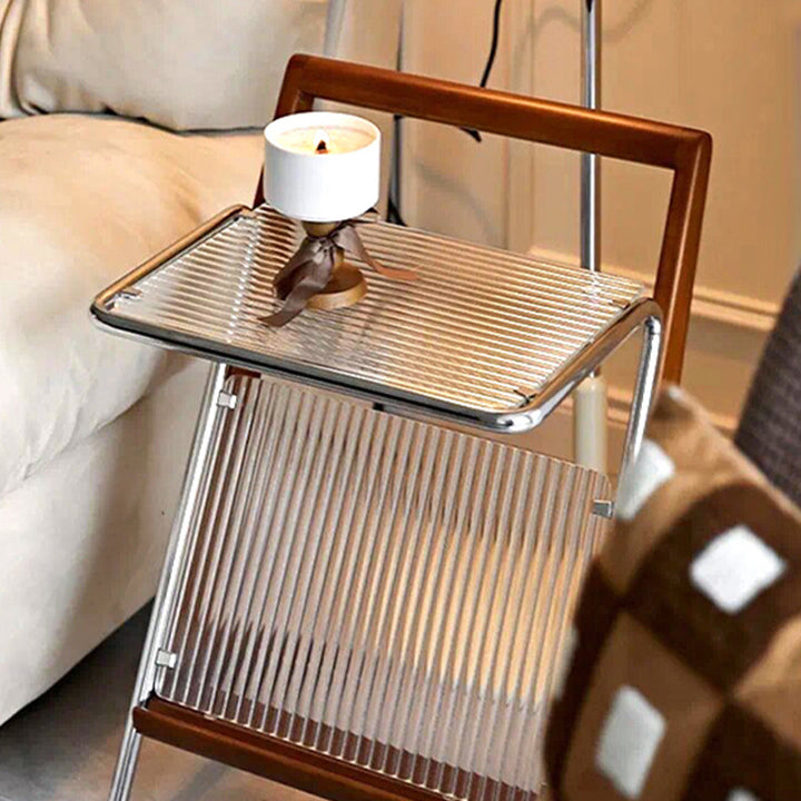 Mesa auxiliar contemporánea retro geométrica de vidrio, madera de caucho y acero inoxidable de 1 nivel para sala de estar 
