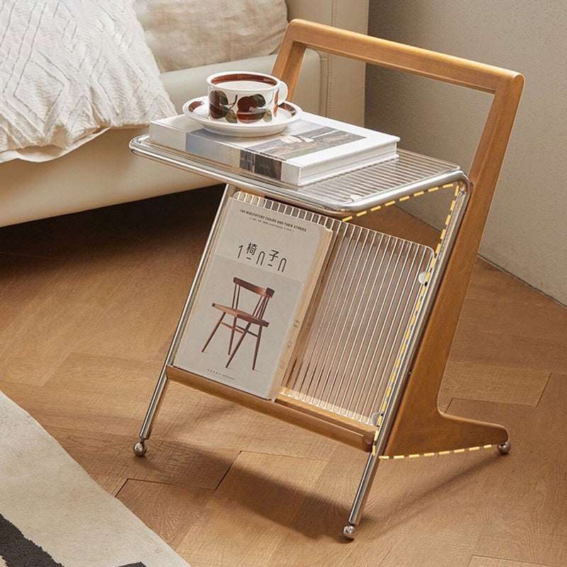 Mesa auxiliar contemporánea retro geométrica de vidrio, madera de caucho y acero inoxidable de 1 nivel para sala de estar 