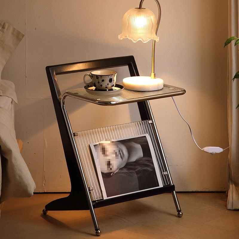 Mesa auxiliar contemporánea retro geométrica de vidrio, madera de caucho y acero inoxidable de 1 nivel para sala de estar 