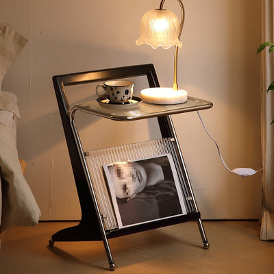Mesa Auxiliar de Geometría Retro Contemporánea de Vidrio, Madera Maciza y Hierro de 1 Nivel para Sala de Estar 