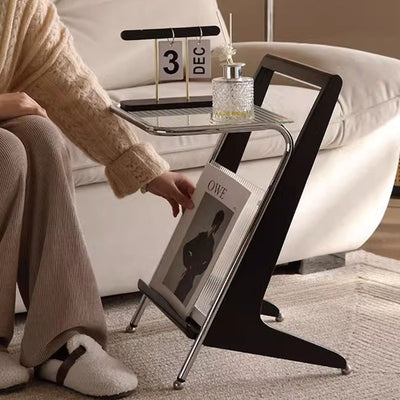 Mesa Auxiliar de Geometría Retro Contemporánea de Vidrio, Madera Maciza y Hierro de 1 Nivel para Sala de Estar 
