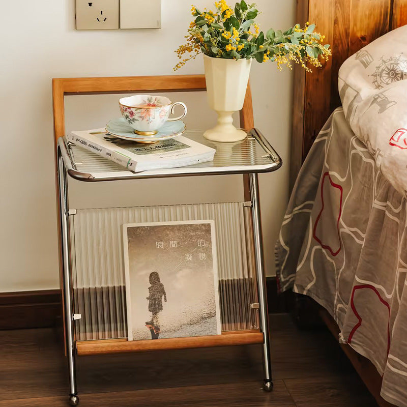 Mesa Auxiliar de Geometría Retro Contemporánea de Vidrio, Madera Maciza y Hierro de 1 Nivel para Sala de Estar 