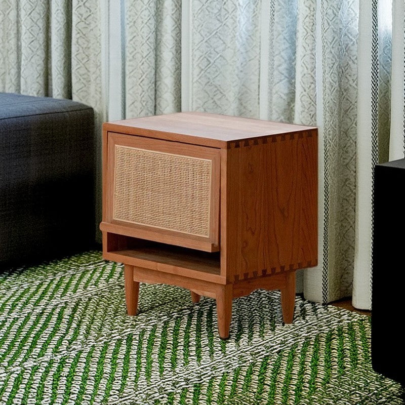 Contemporary Retro Square Cube Flip Door PP Rattan Plywood Pine Cherry Wood Nightstand 2 - Tier For Bedroom
