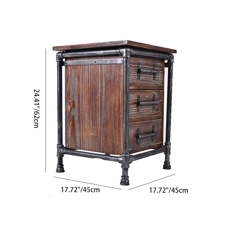 Contemporary Industrial Square Cube Iron Pine Nightstand 3 - Drawer For Bedroom