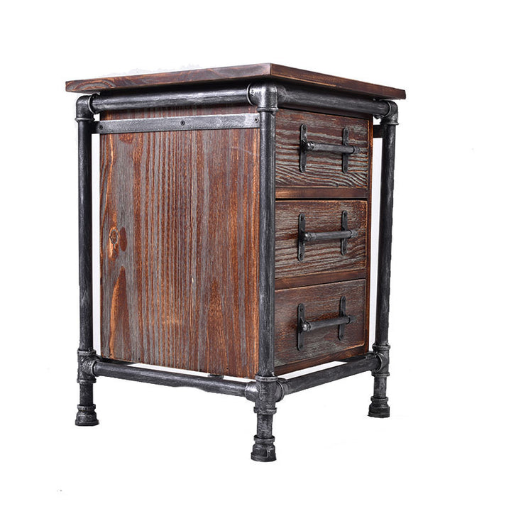 Contemporary Industrial Square Cube Iron Pine Nightstand 3 - Drawer For Bedroom