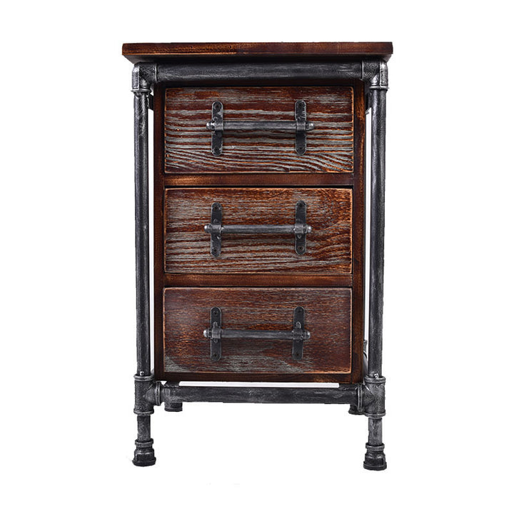 Contemporary Industrial Square Cube Iron Pine Nightstand 3 - Drawer For Bedroom