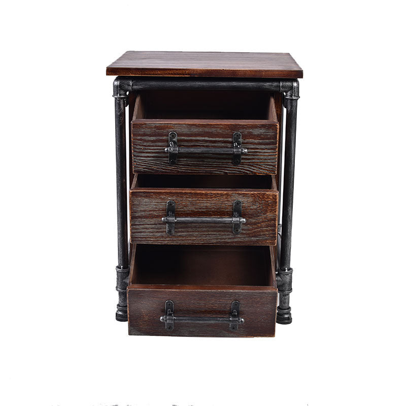 Contemporary Industrial Square Cube Iron Pine Nightstand 3 - Drawer For Bedroom
