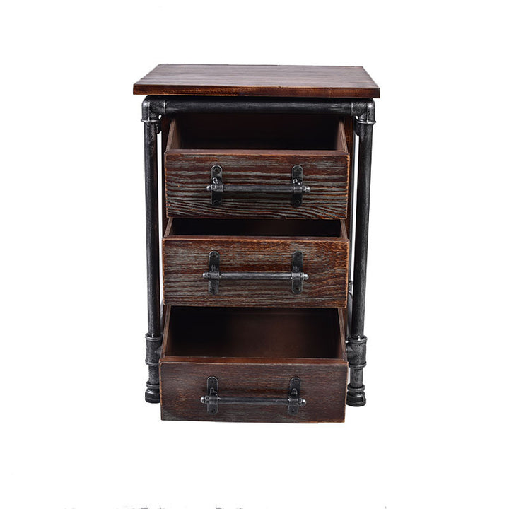 Contemporary Industrial Square Cube Iron Pine Nightstand 3 - Drawer For Bedroom