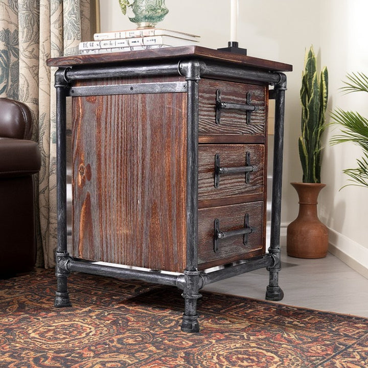 Contemporary Industrial Square Cube Iron Pine Nightstand 3 - Drawer For Bedroom