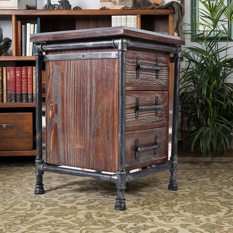 Contemporary Industrial Square Cube Iron Pine Nightstand 3 - Drawer For Bedroom