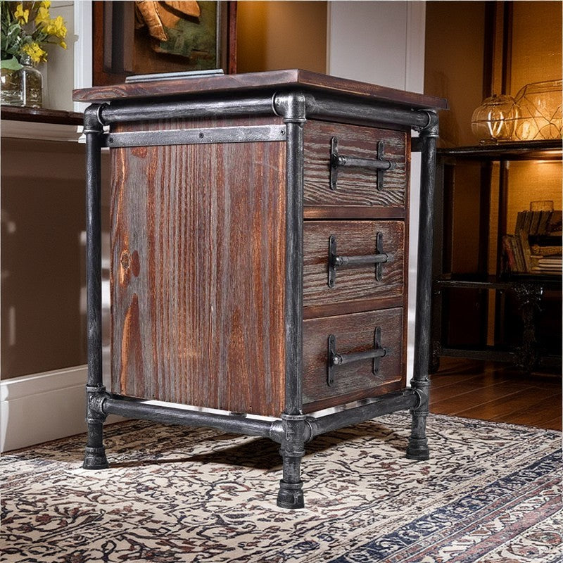 Contemporary Industrial Square Cube Iron Pine Nightstand 3 - Drawer For Bedroom