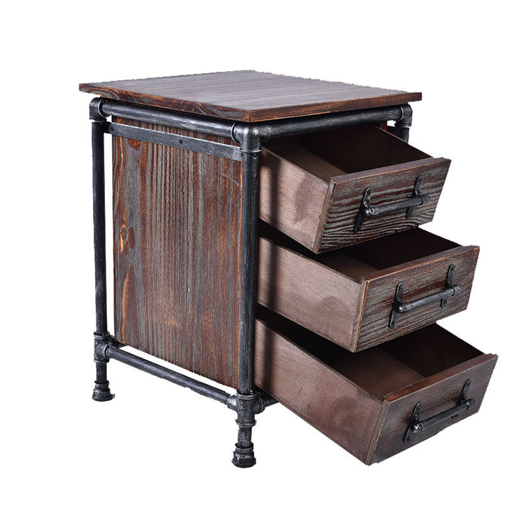 Contemporary Industrial Square Cube Iron Pine Nightstand 3 - Drawer For Bedroom