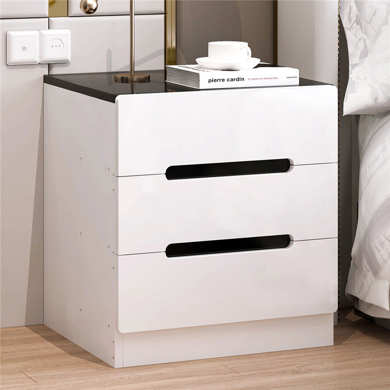 Mesa de noche de cubo cuadrado minimalista moderno de tablero artificial con 3 cajones para dormitorio 