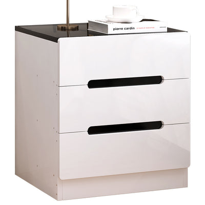 Mesa de noche de cubo cuadrado minimalista moderno de tablero artificial con 3 cajones para dormitorio 